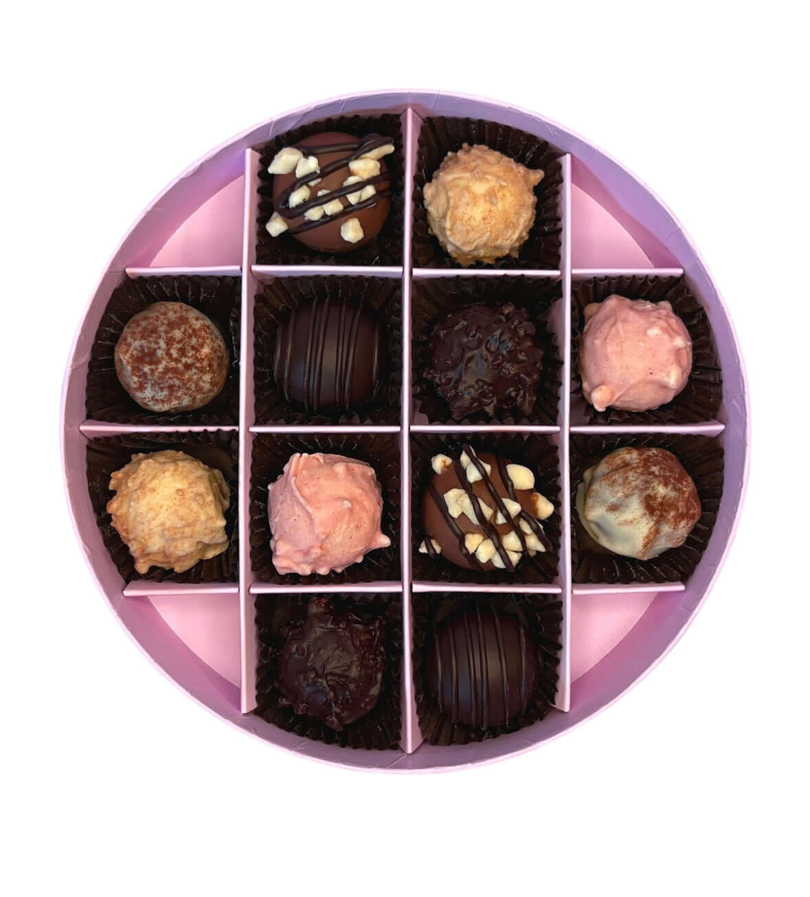 Round chocolate truffle box with various chocolates on a white background