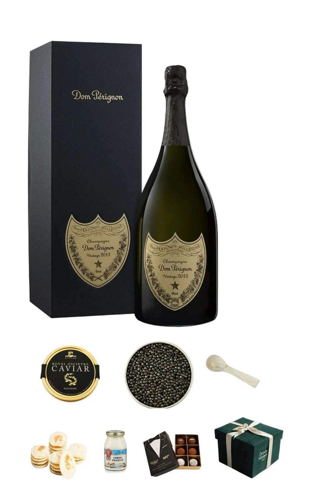 Dom Perignon champagne bottle with packaging and caviar set on a white background