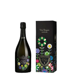Dom Pérignon Takashi Murakami Edition 2015 champagne bottle with black gift box, featuring colorful Murakami flower artwork, 75cl luxury limited edition.