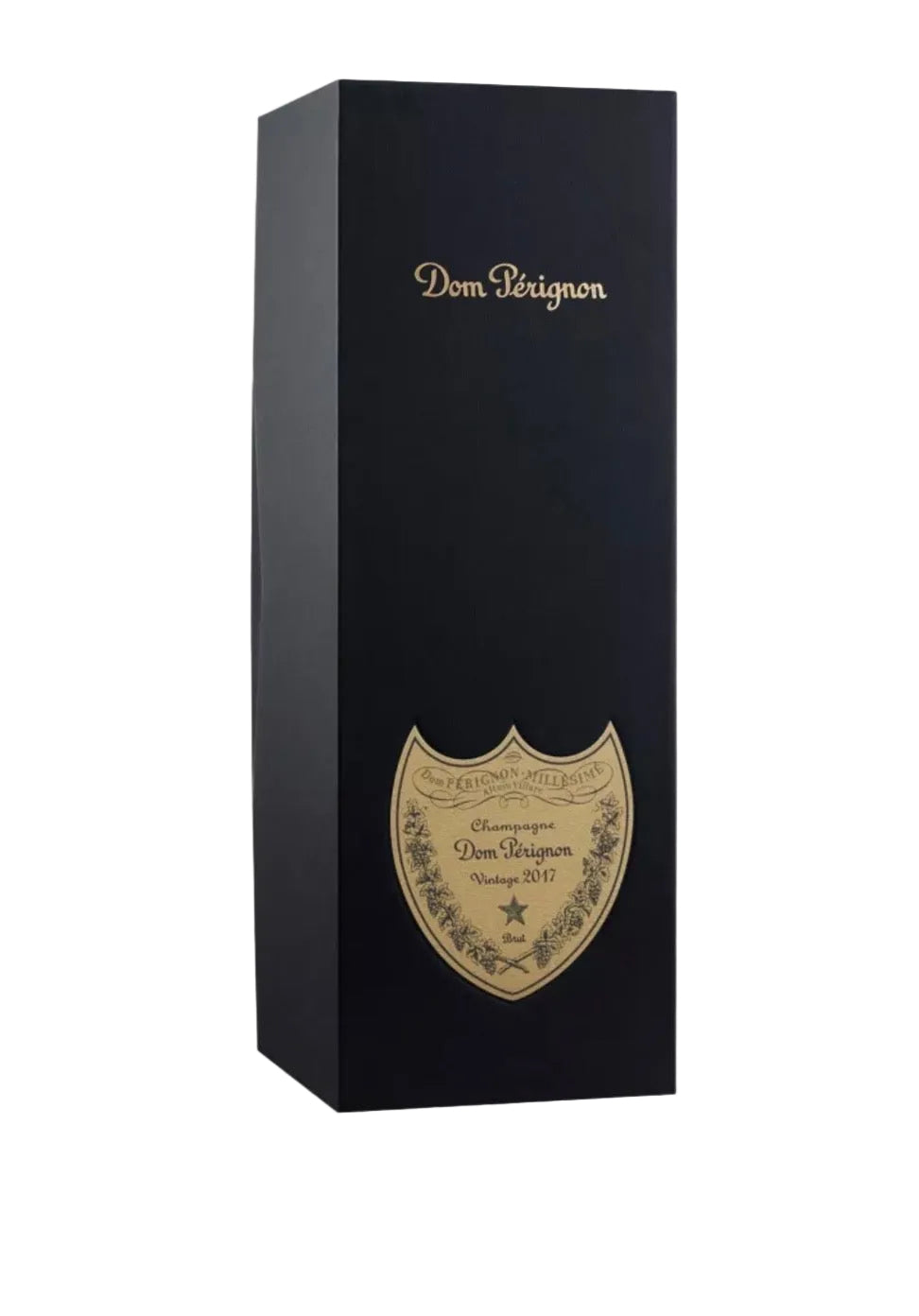 A tall, black rectangular box for Dom Pérignon with gold foil branding and a gold shield emblem on the front, photographed on a clean white background.