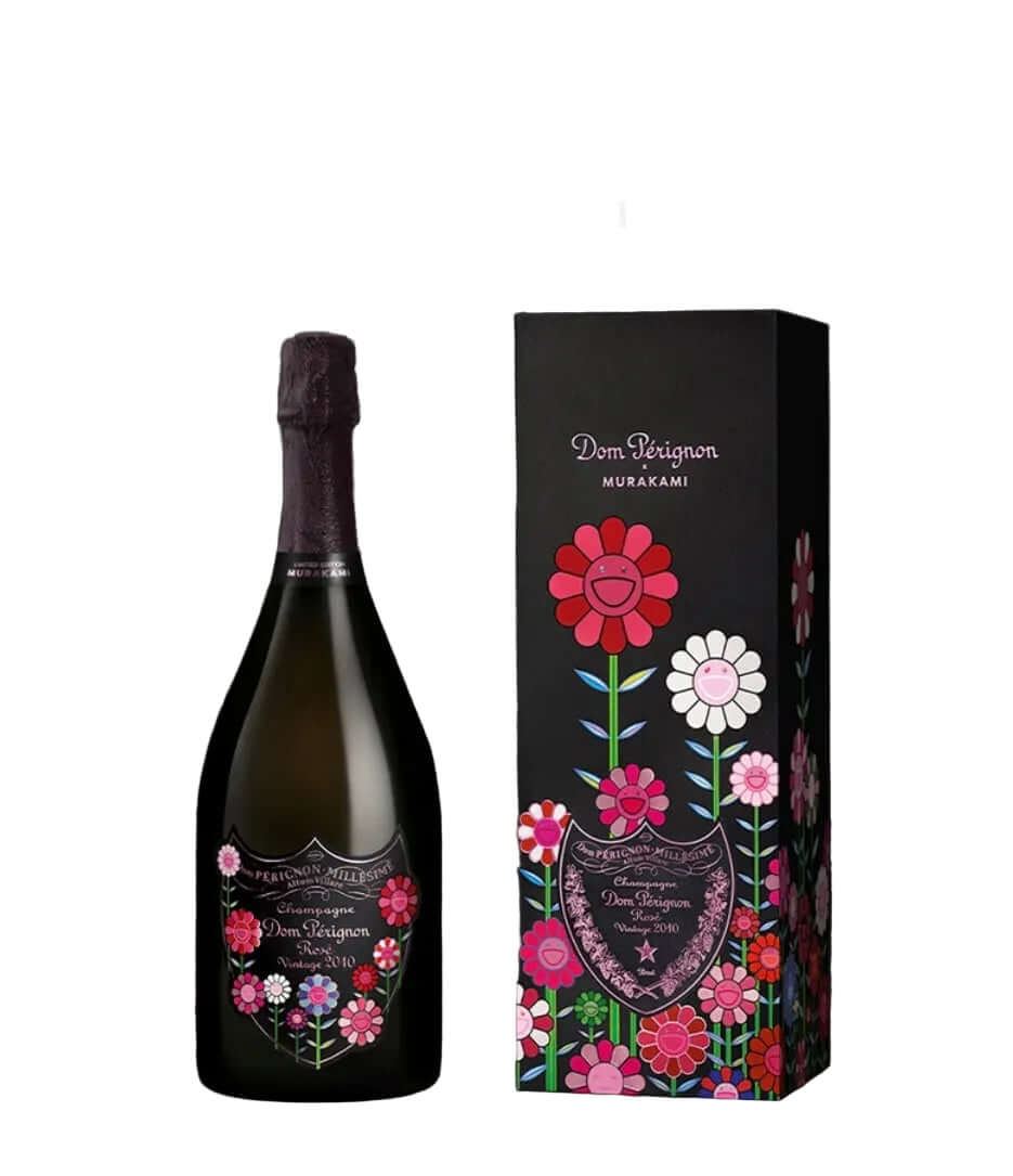 Black bottle and matching black gift box of Dom Pérignon Rosé Vintage 2010 Takashi Murakami Limited Edition (75cl). The bottle features a dark green glass with a textured pinkish-purple foil capsule and a custom label adorned with vibrant Murakami-style smiling flowers in pink, red, white, purple, and blue, surrounding the classic Dom Pérignon shield with 