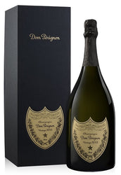 Dom Perignon champagne bottle with packaging on a white background