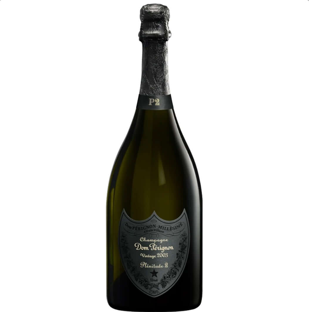 bottle-of-dom-perignon-plenitude-2-p2-vintage-2003-champagne-featuring-a-dark-shield-shaped-label-with-vintage-2003-plenitude-2-lettering-and-a-star-emblem-on-classic-green-glass-with-black-foil-top-and-p2-neck-band