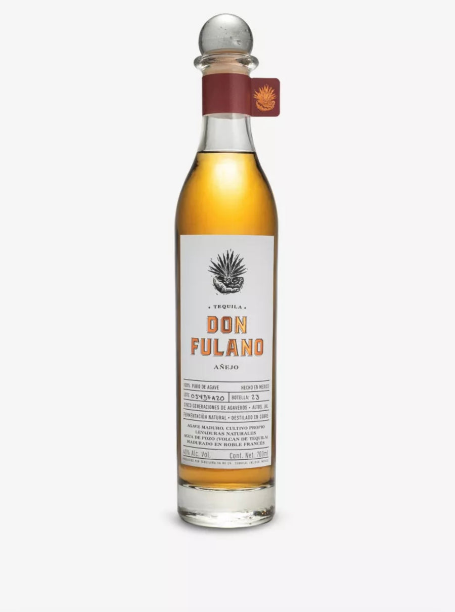 Bottle of Don Fulano agave spirit on a white background