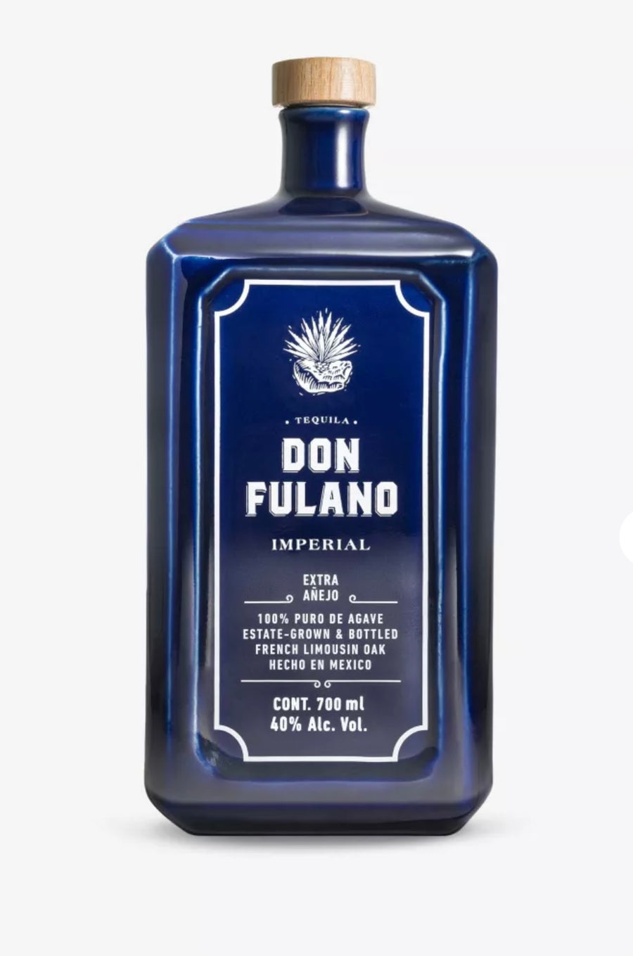 Blue bottle of Don Fulano tequila on a white background