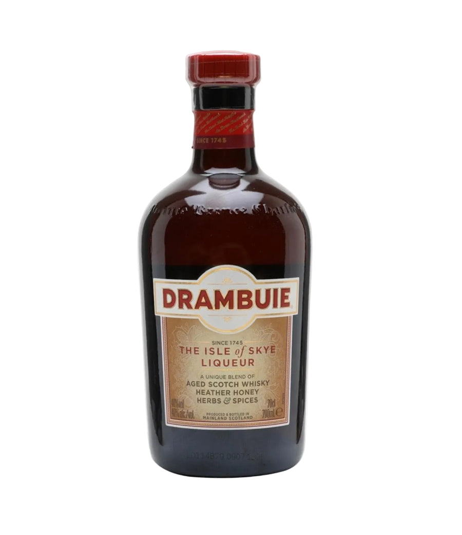 A bottle of Drambuie The Isle of Skye Liqueur, featuring a dark brown glass bottle with a cream-colored label and a red wax seal, set against a plain white background.