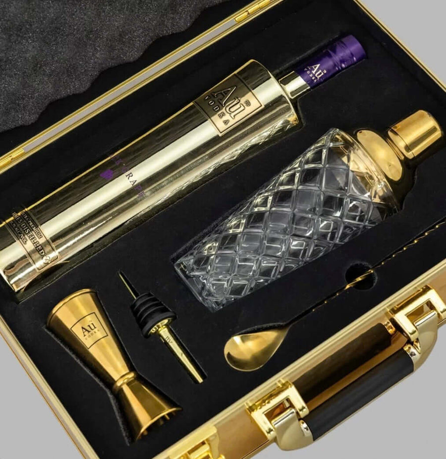 Limited edition Au Vodka gold briefcase gift set with Black Grape 70cl and cocktail shaker set