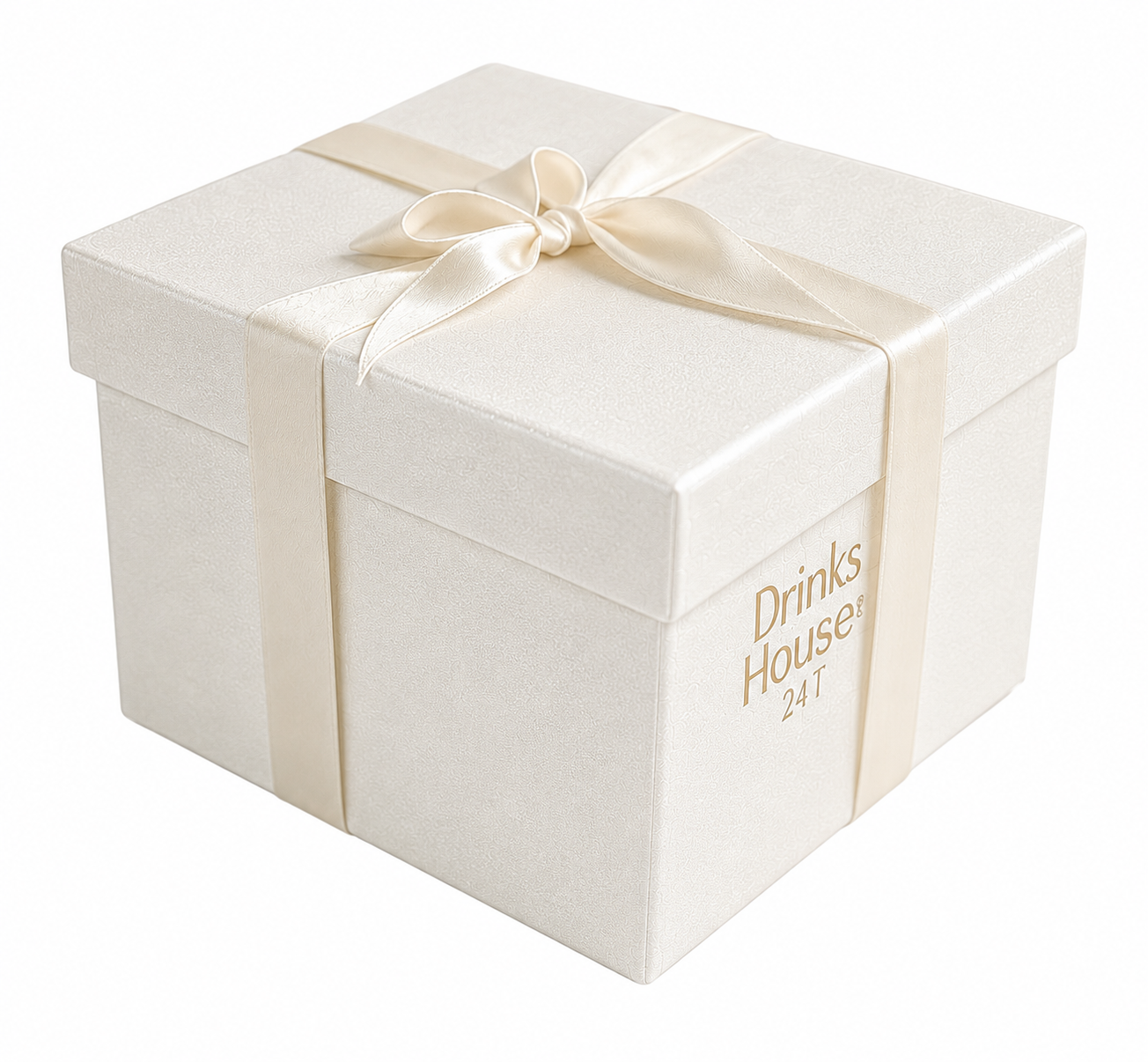 White gift box with a gold ribbon and 'Drinks House' branding on a white background