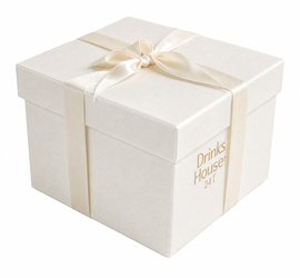 White gift box with a gold ribbon and 'Drinks House' branding on a white background