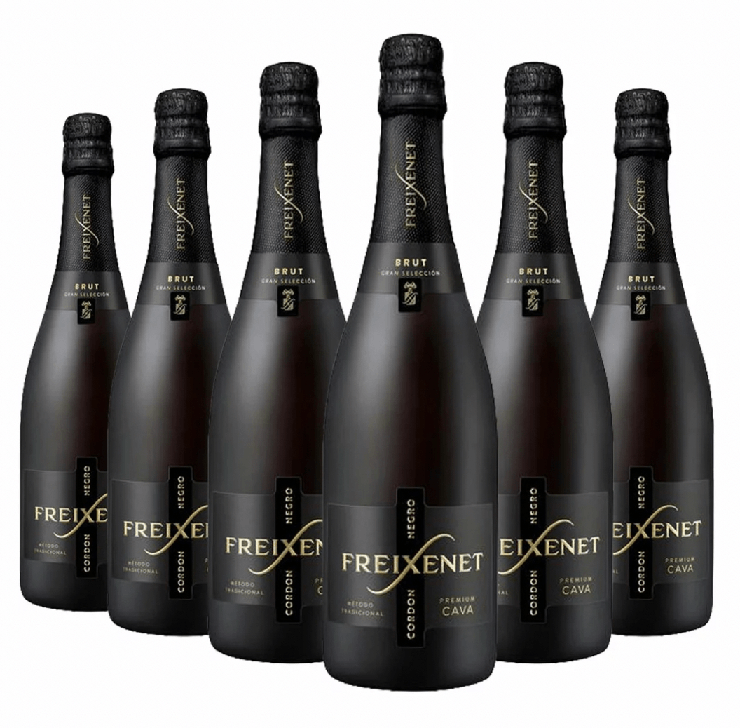 Six bottles of Freixenet Cava on a white background