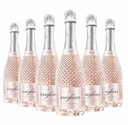 Six bottles of Freixenet rose sparkling wine on a white background