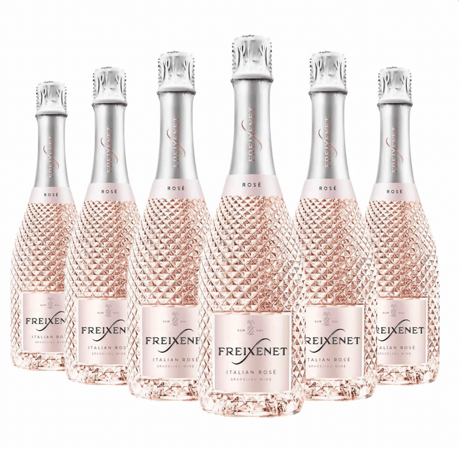 Six bottles of Freixenet rose sparkling wine on a white background