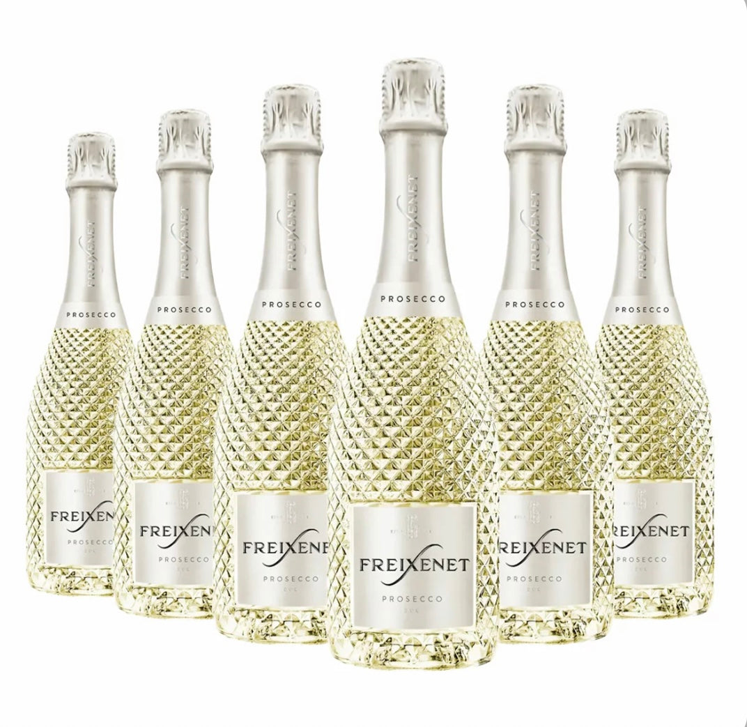 Six Freixenet Prosecco bottles with textured design on a white background