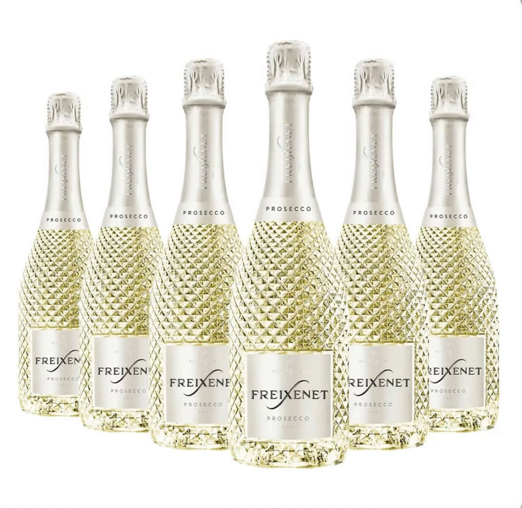 Six Freixenet Prosecco bottles with textured design on a white background