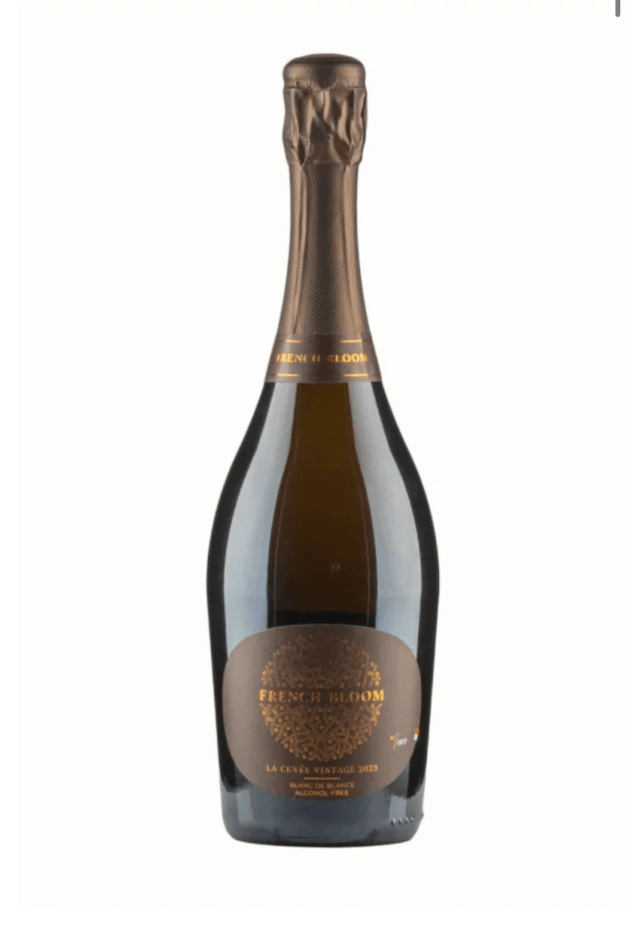 Bottle of French Bloom sparkling wine on a white background