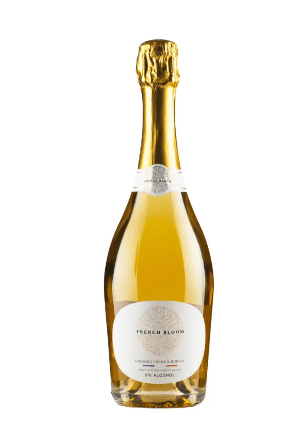 Bottle of French Bloom sparkling wine on a white background