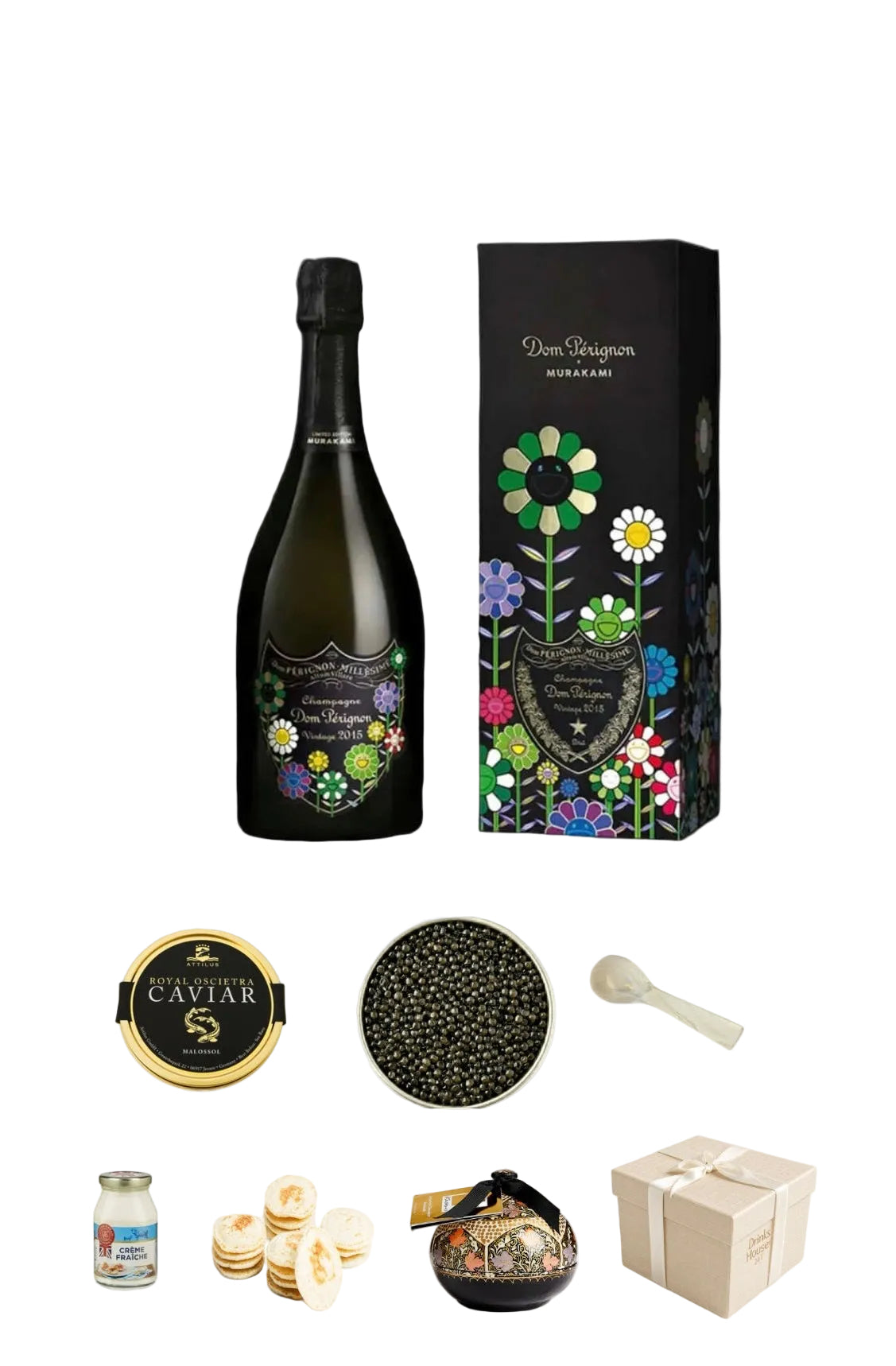 A curated gift set collage on a white background featuring a dark sparkling wine bottle with colorful floral label art, a matching black floral gift box, a round caviar tin, a bowl of black caviar, a small spoon, a jar, pastries, a decorative bowl, and a beige gift box.