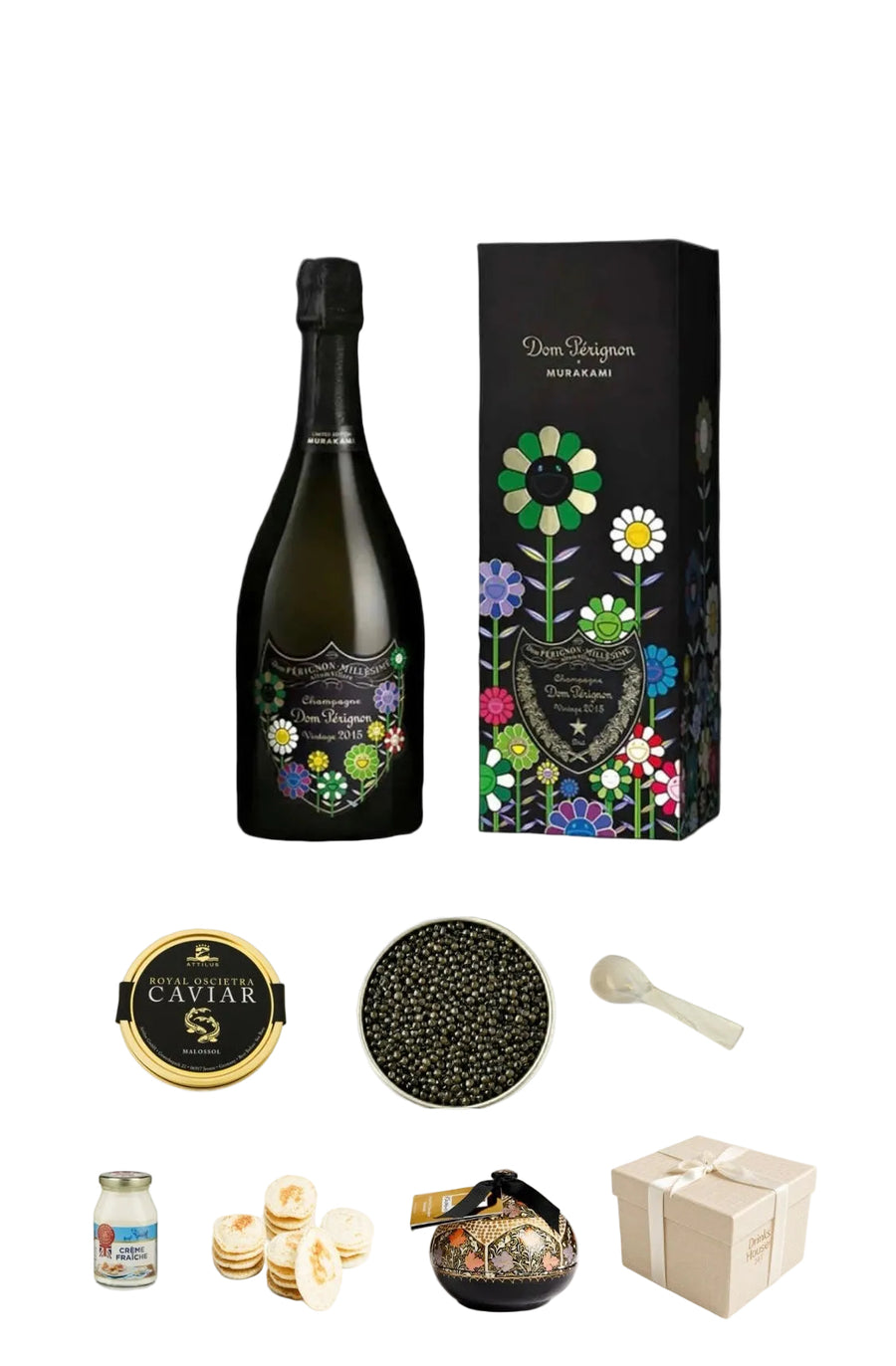 A curated gift set collage on a white background featuring a dark sparkling wine bottle with colorful floral label art, a matching black floral gift box, a round caviar tin, a bowl of black caviar, a small spoon, a jar, pastries, a decorative bowl, and a beige gift box.