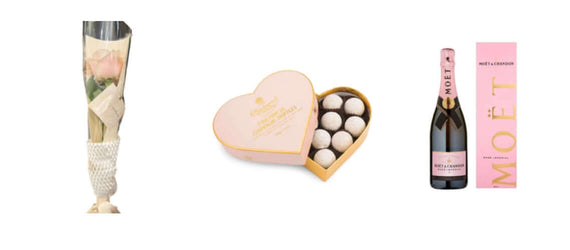 MCV Romantic Moet Chandon Rose gift set with pink truffles and rose