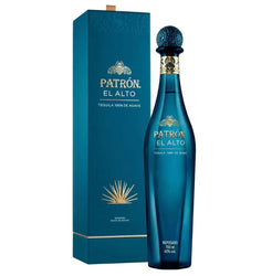 Patrón El Alto tequila bottle and box on a white background