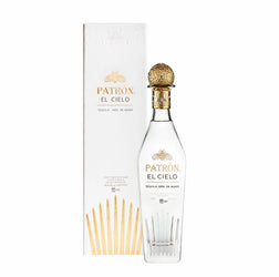 Patron El Cielo tequila bottle and box on a white background