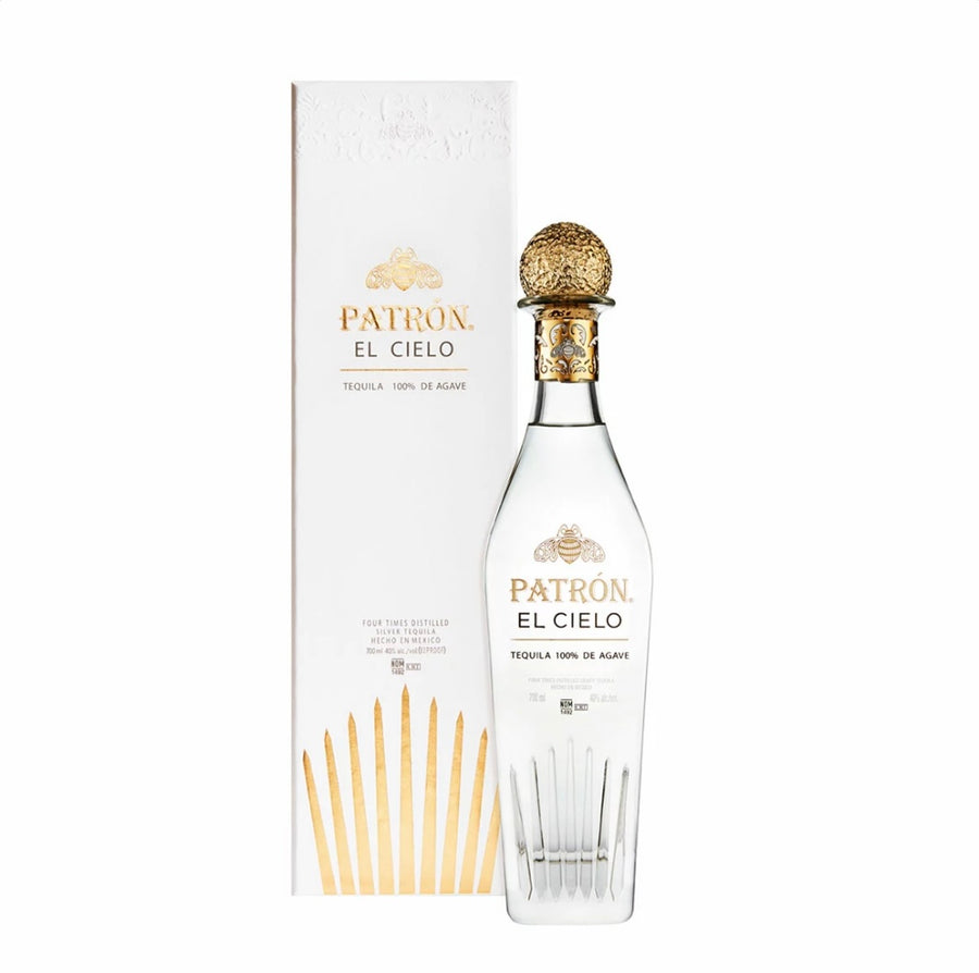 Patron El Cielo tequila bottle and box on a white background