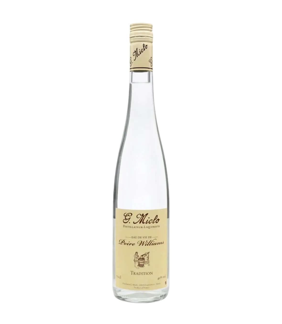 A bottle of St. Miko Peure Williams Tradition spirit distillation liquor, featuring a clear glass bottle, a beige paper label, and a beige foil cap, set against a plain white background.