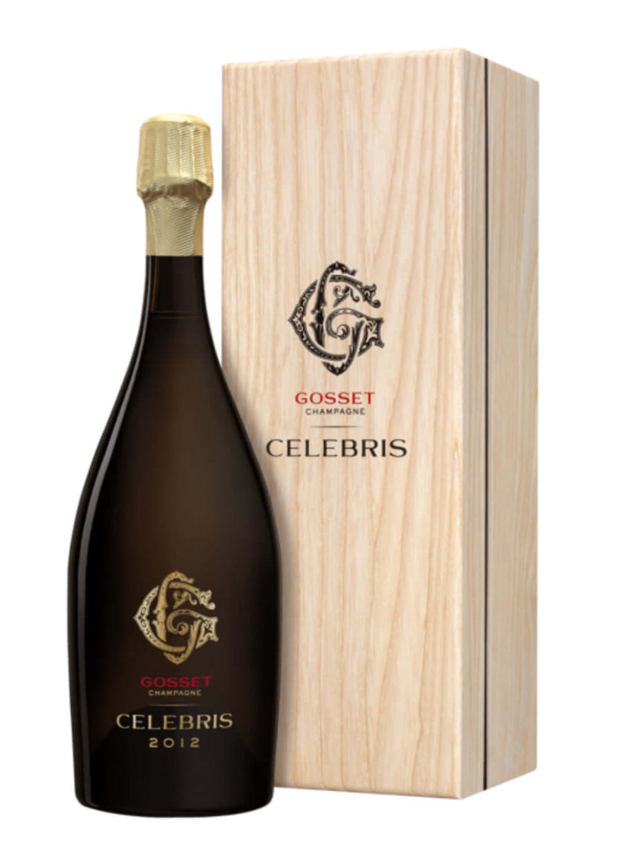 Bottle of Gosset Celebris champagne with wooden box on a white background