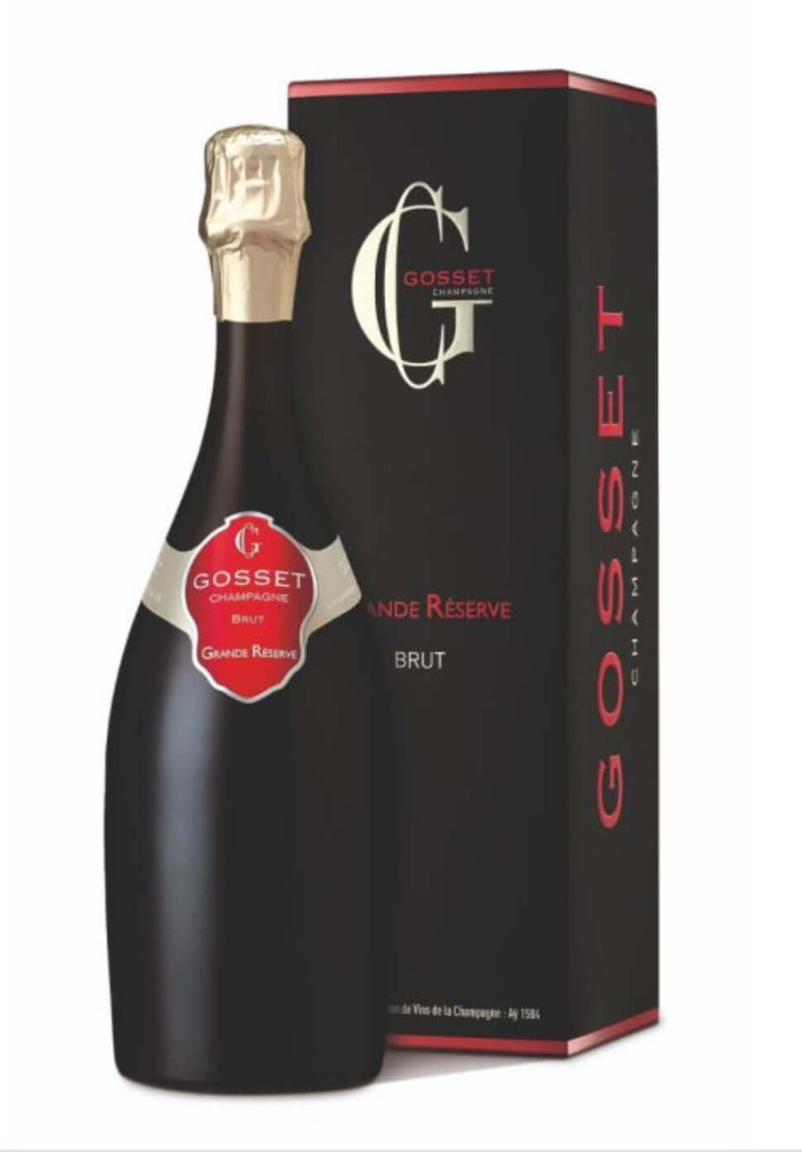 Gosset champagne bottle and packaging on a white background