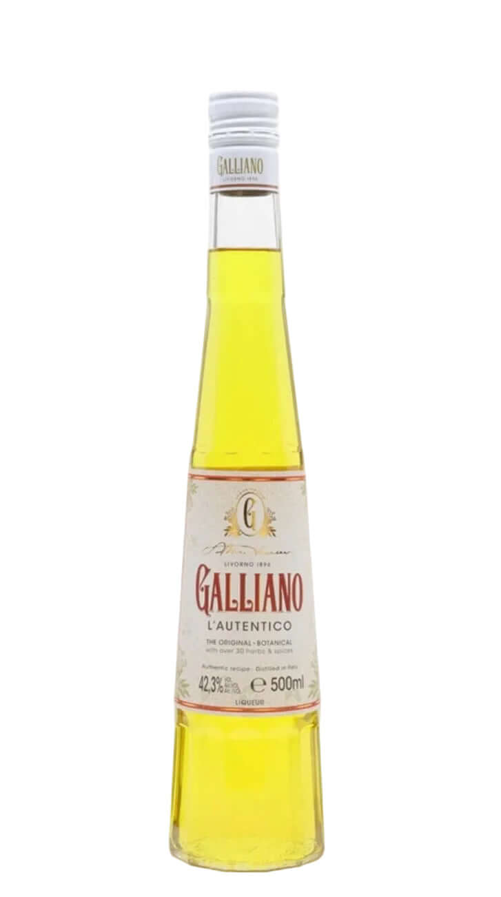 A 500ml glass bottle of Galliano L'Autentico cognac, showing the golden-yellow liquid inside, with a cream-colored label and white cap, isolated on a white background.