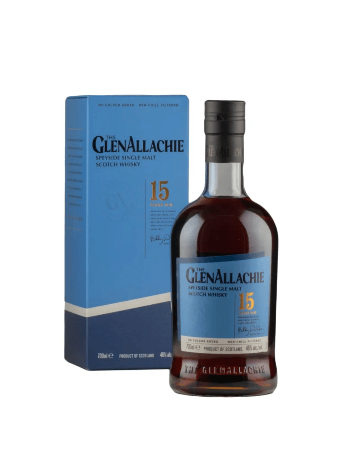 GlenAllachie 15-year-old whisky bottle and box on a white background