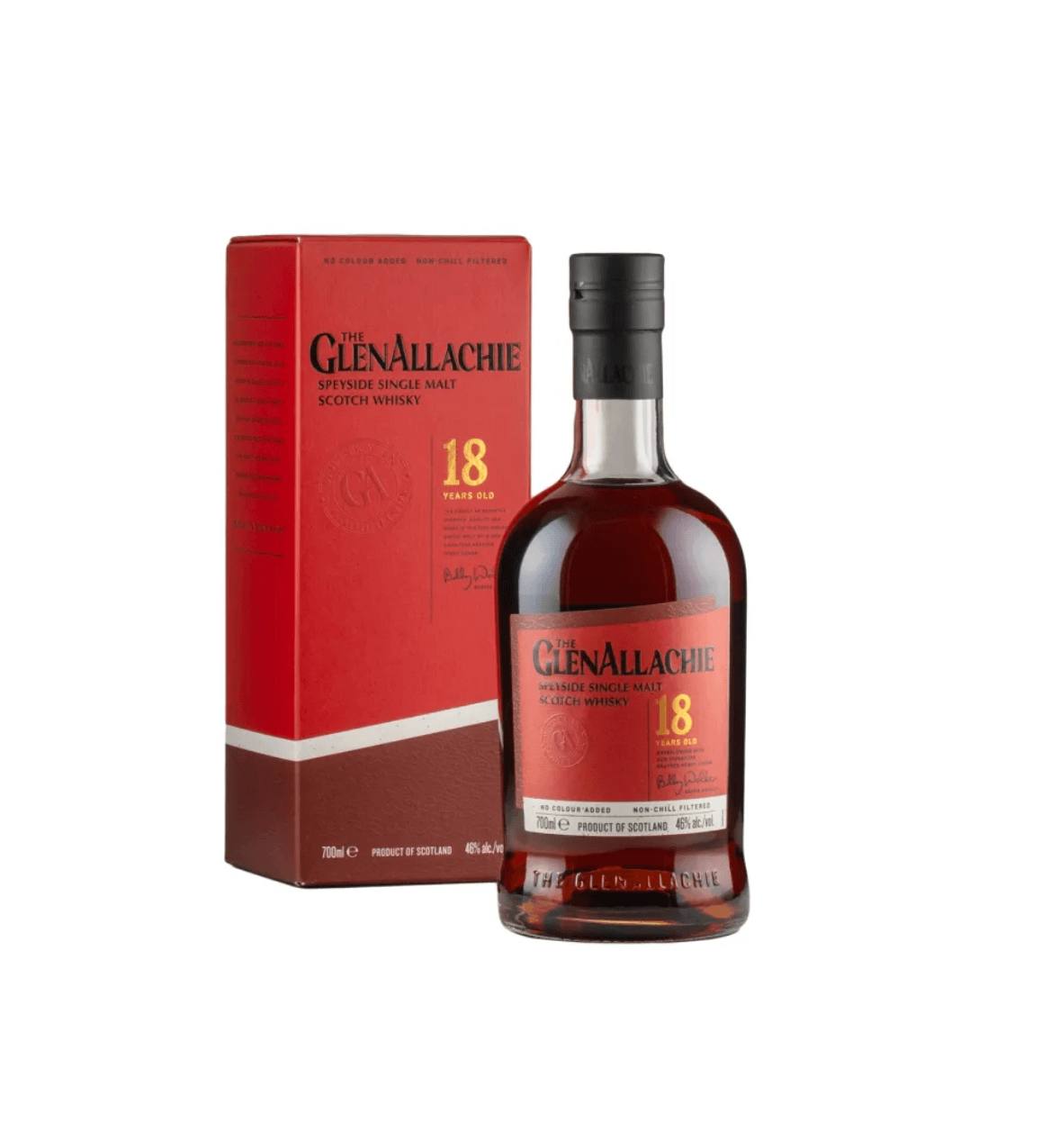 GlenAllachie 18-year-old whisky bottle and box on a white background