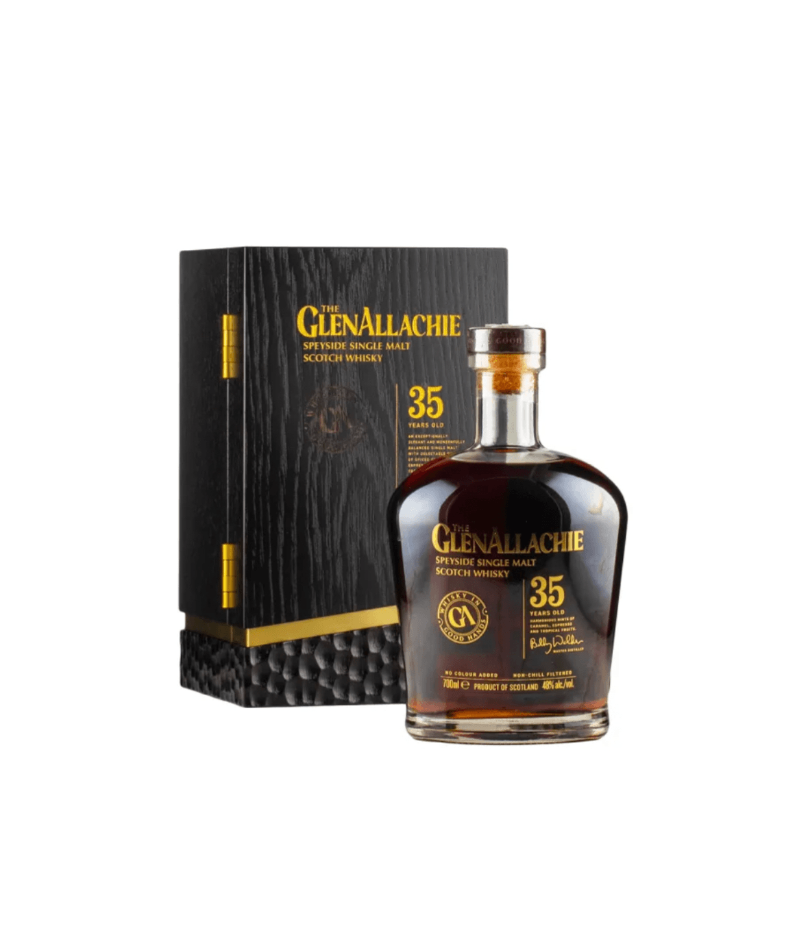 Glenallachie 35-year-old whisky bottle and box on a white background