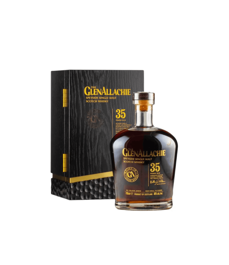 Glenallachie 35-year-old whisky bottle and box on a white background
