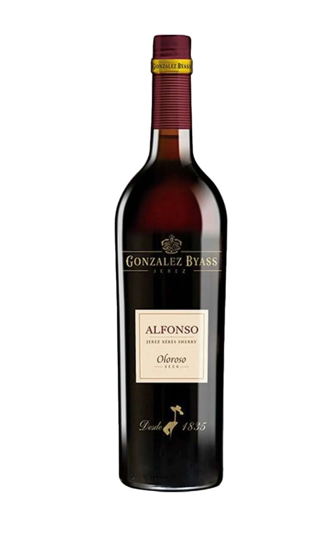 A bottle of Gonzalez Byass Alfonso Red Wine on a plain white background.