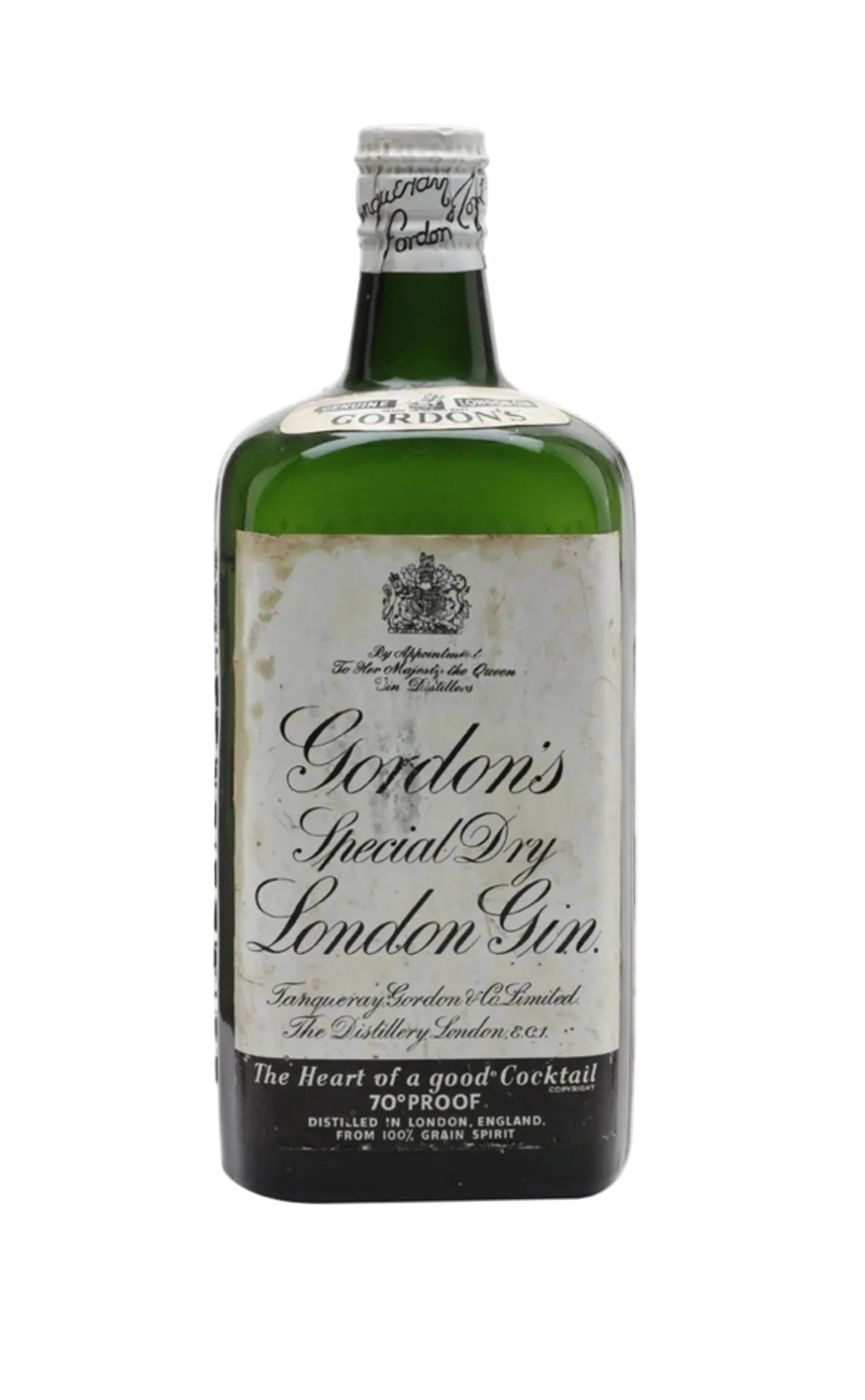 Vintage 1950s bottle of Gordon's Special Dry London Gin (likely 75cl or imperial quart), featuring a classic green glass body with aged, slightly discolored paper label. The label has a cream background with ornate black script reading "Gordon's Special Dry London Gin" in large cursive, "Genuine" and "London" at the top, and the royal appointment text "By Appointment to Her Majesty the Queen Gin Distillers" with a small crown emblem.