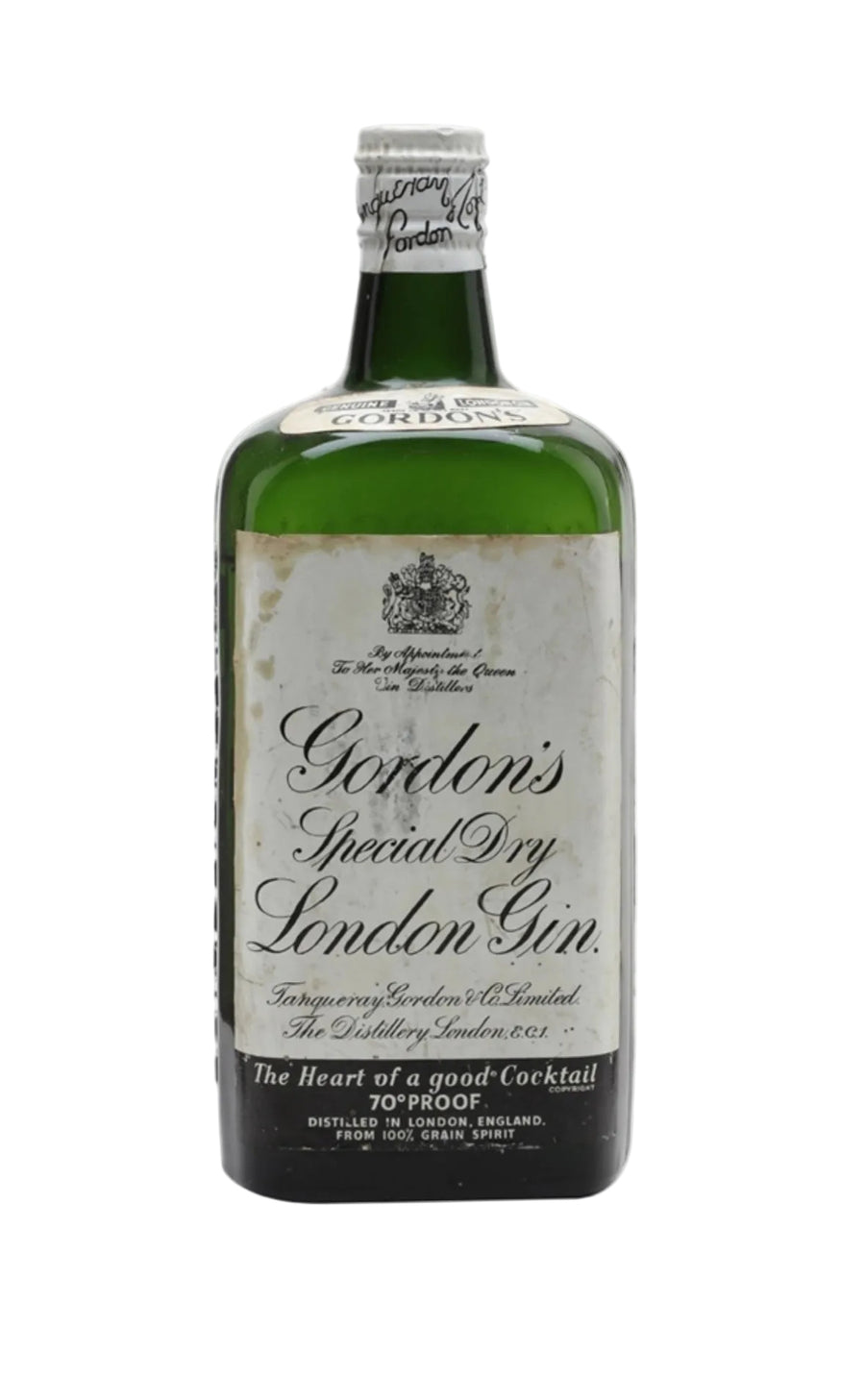 Vintage 1950s bottle of Gordon's Special Dry London Gin (likely 75cl or imperial quart), featuring a classic green glass body with aged, slightly discolored paper label. The label has a cream background with ornate black script reading "Gordon's Special Dry London Gin" in large cursive, "Genuine" and "London" at the top, and the royal appointment text "By Appointment to Her Majesty the Queen Gin Distillers" with a small crown emblem.