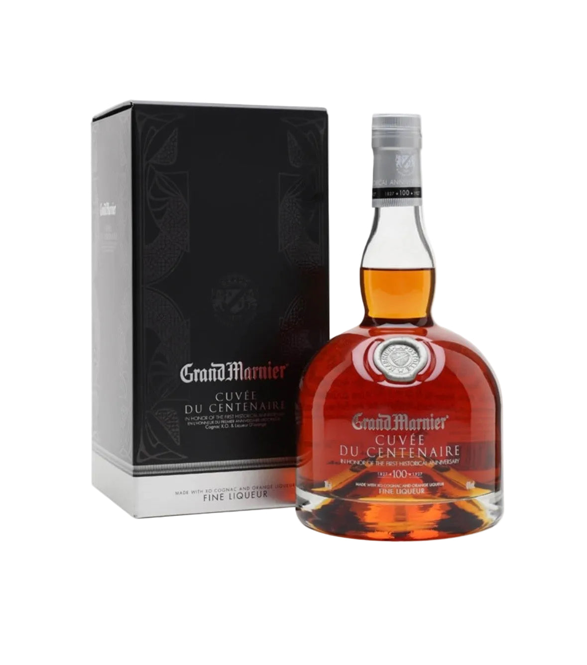 A bottle of Grand Marnier Cuvée du Centenaire fine liqueur next to its black and silver packaging box, set against a plain white background.