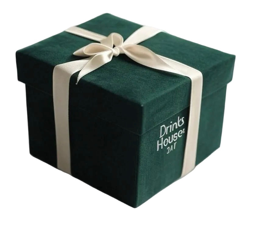 Green gift box with a white ribbon and 'Drinks House' branding on a white background