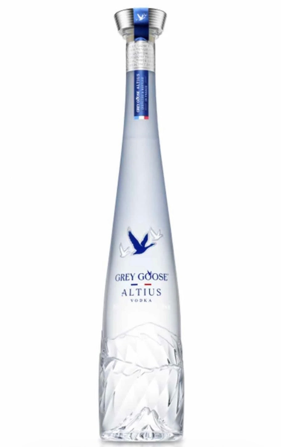 A bottle of Grey Goose Altius vodka on a plain white background, featuring a clear glass bottle with a faceted base, a blue goose logo, and a silver and blue neck cap.