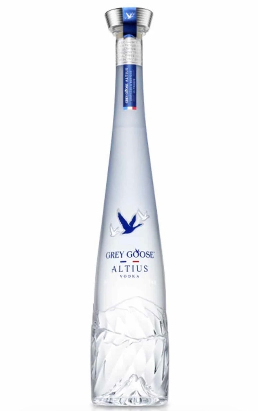 A bottle of Grey Goose Altius vodka on a plain white background, featuring a clear glass bottle with a faceted base, a blue goose logo, and a silver and blue neck cap.