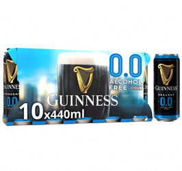 Packaging of Guinness 0.0 alcohol-free stout cans on a white background