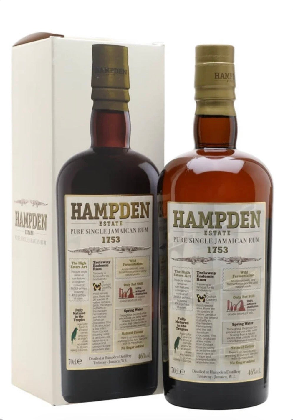 Hampden 1753 pure single Jamaican Rum next to its box 