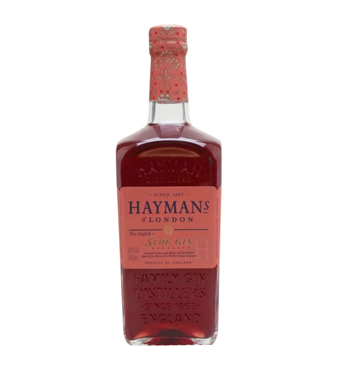 A bottle of Haymans London Sloe Gin with a pink label and a patterned pink neck wrap, set against a plain white background.