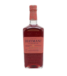 A bottle of Haymans London Sloe Gin with a pink label and a patterned pink neck wrap, set against a plain white background.