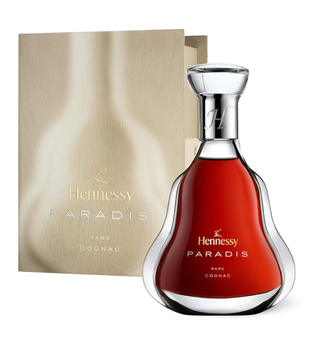 Hennessy Paradis cognac bottle with packaging on a white background