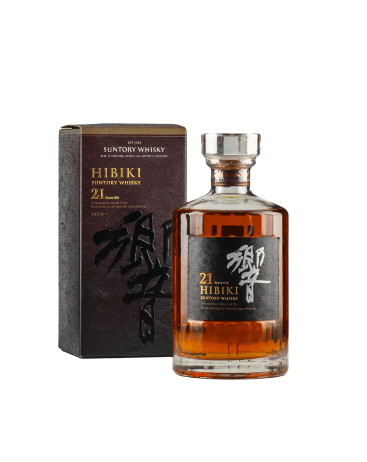 Hibiki 21-year-old whiskey bottle and box on a white background
