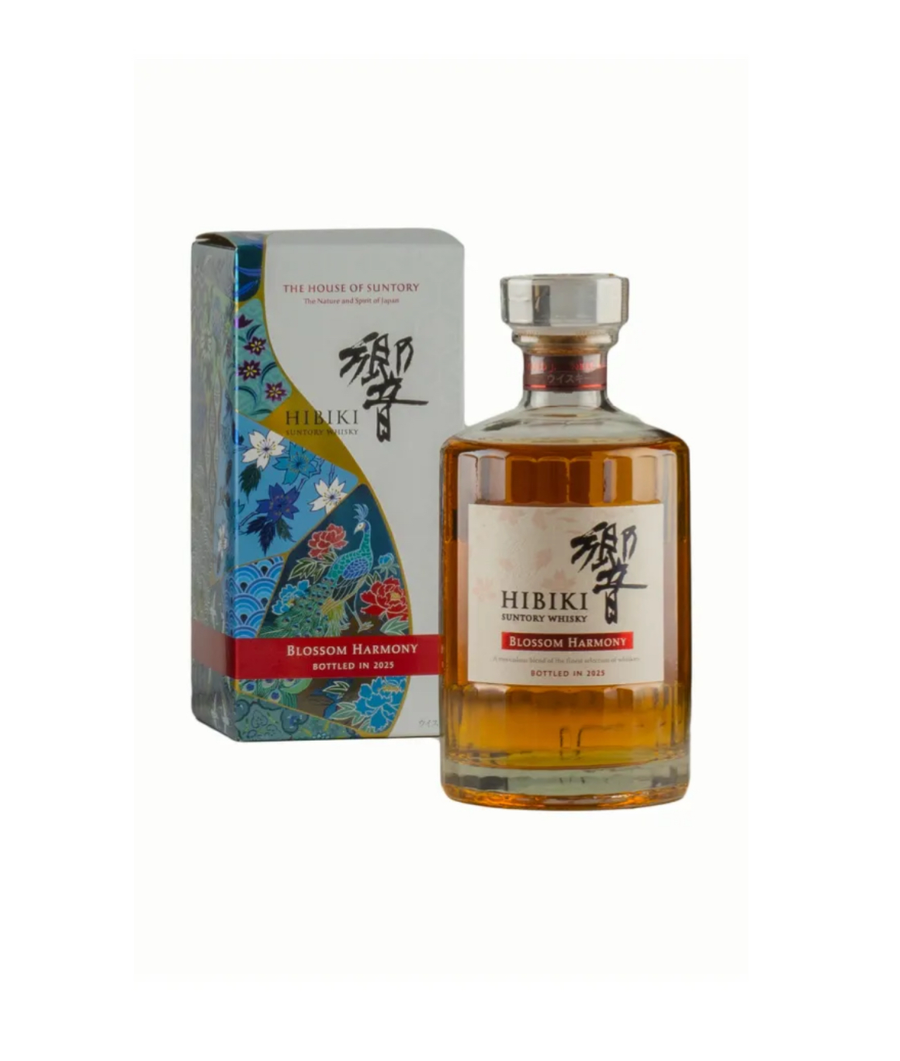 Hibiki Blossom Harmony whiskey bottle 70cl and box on a white background