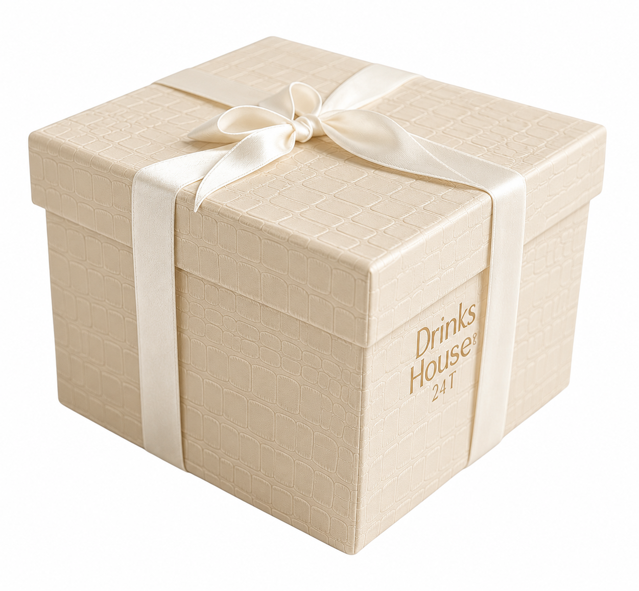 Beige gift box with a white ribbon and 'Drinks House 24' branding on a white background