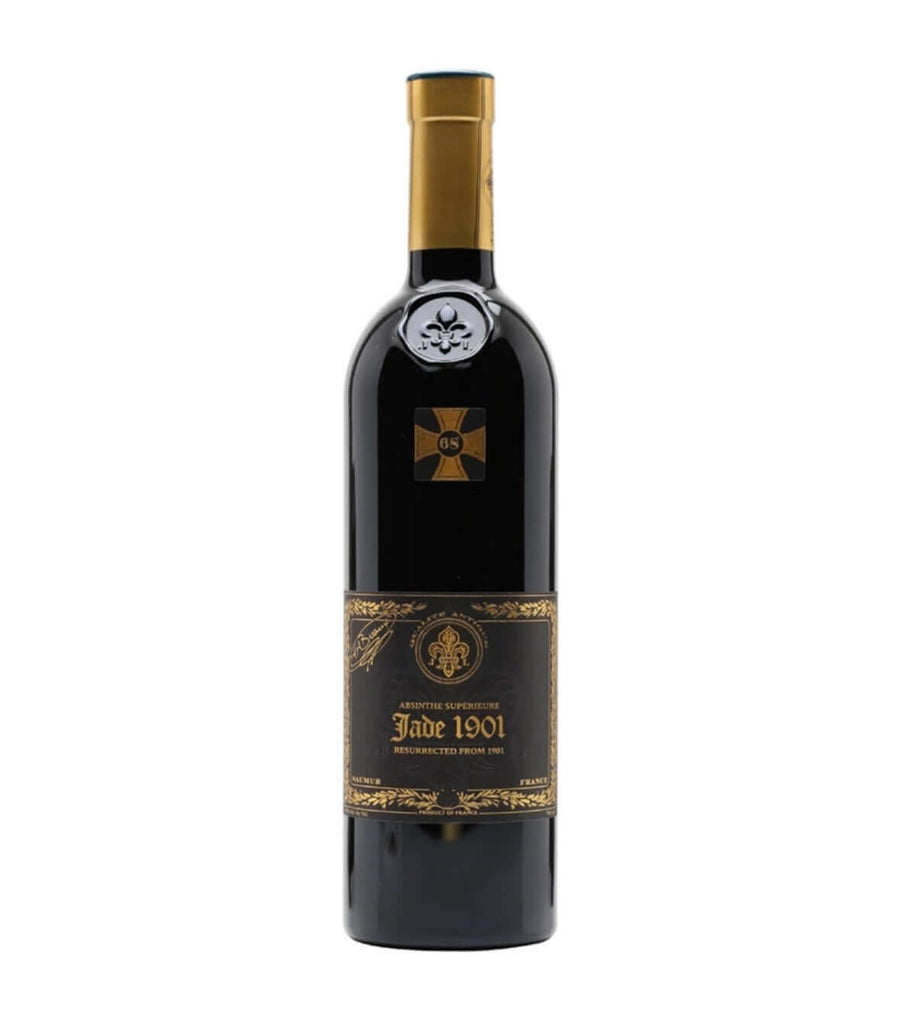 A bottle of Jude 1901 Bordeaux Superieur red wine, featuring a dark glass bottle with a gold foil capsule and a black label with gold detailing, set against a plain white background.